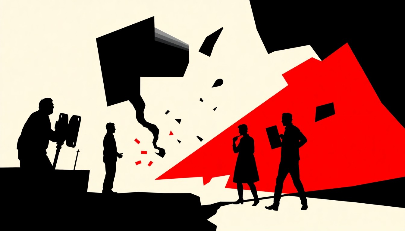 An abstract, minimalist composition featuring jagged, geometric black silhouettes against a stark, high-contrast background, conceptually representing the unconventional choices in this year's Razzie-nominated films.