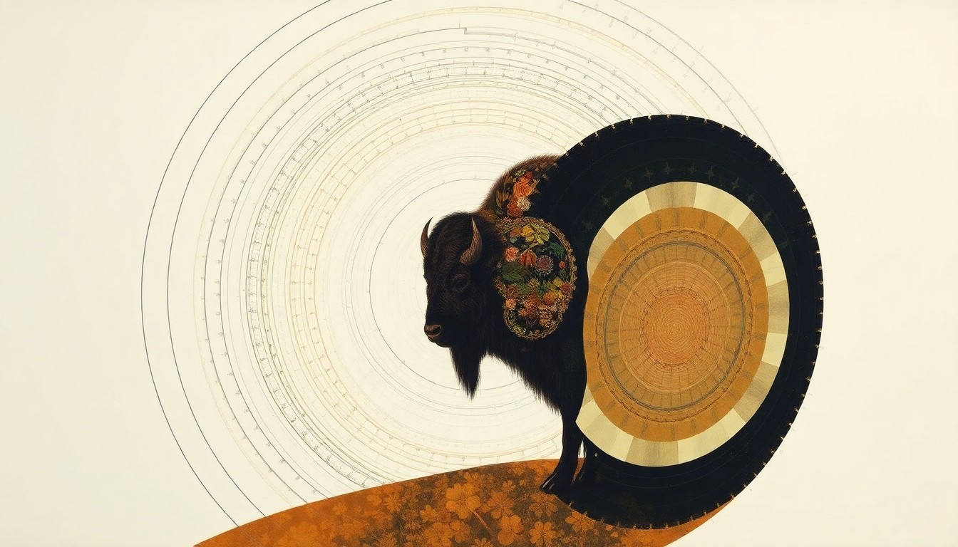 A highly structured abstract painting in muted greens, browns, and blues, featuring sweeping geometric shapes and precise botanical spirals that evoke the complex interconnectedness of the natural world, representing the resurgence of the European bison and its broader environmental impact.