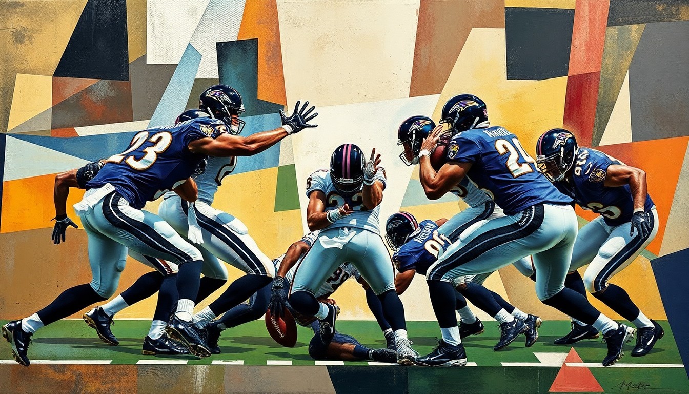 A cubist, geometric painting depicting a Ravens defensive formation, with players' bodies and movements broken down into abstract shapes and planes of color.