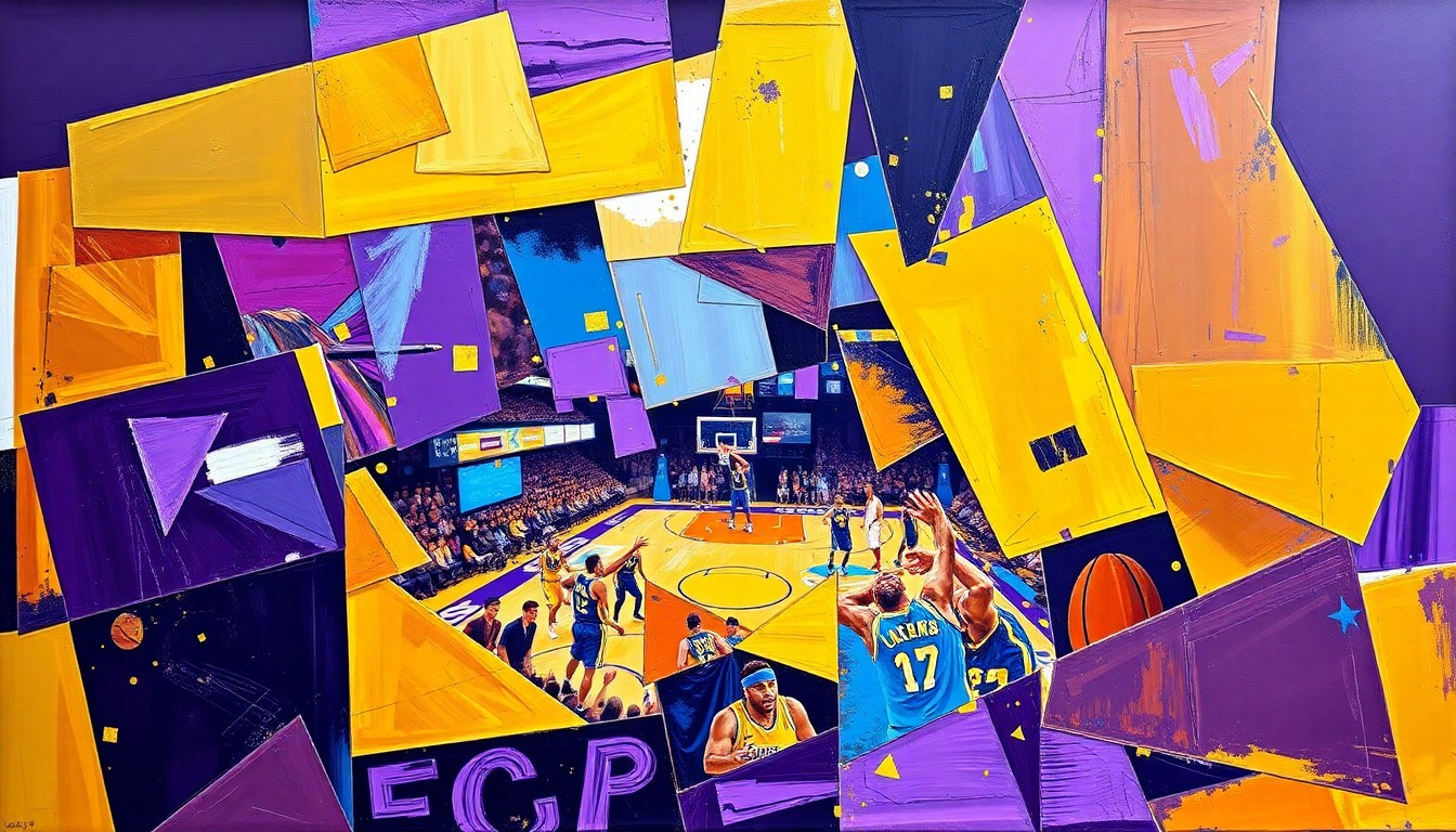A fragmented, geometric painting depicting a basketball game, with sharp, overlapping planes of purple, gold, and blue, capturing the tension and uncertainty surrounding the Lakers' current state.