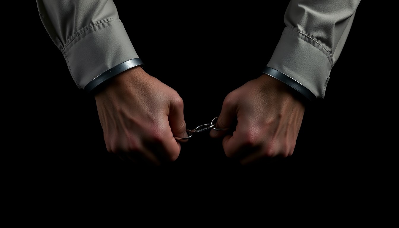 An extreme close-up photograph of a pair of handcuffed wrists against a pitch-black background, lit by a harsh, direct camera flash, conceptually illustrating the violence and tension within a correctional facility.