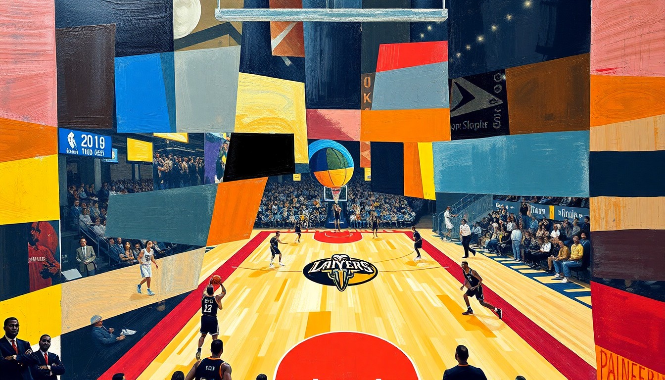 A cubist-style painting featuring overlapping geometric shapes and planes in vibrant colors, representing the dynamic action and energy of a basketball game between the Los Angeles Lakers and New Orleans Pelicans.