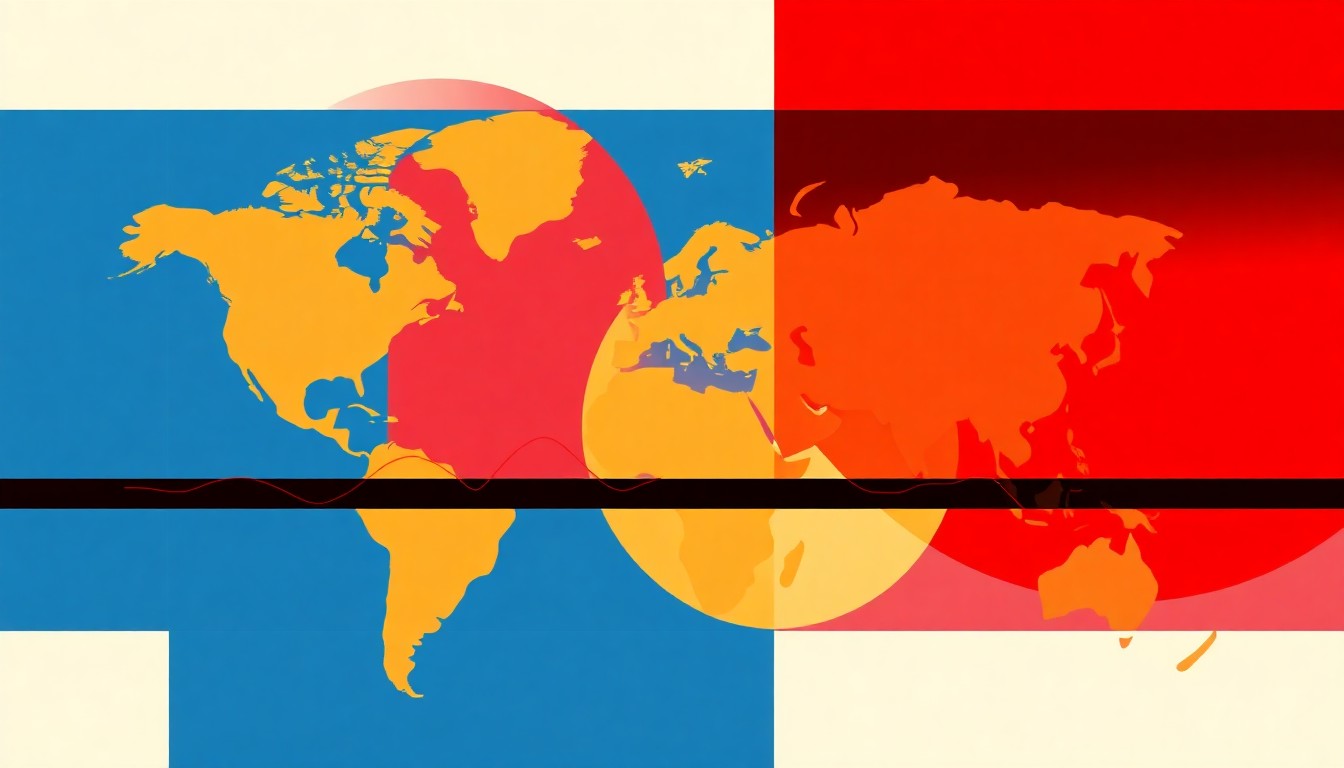 A minimalist, abstract illustration featuring overlapping triangles and circles in shades of blue, red, and yellow, conceptually representing the complex interplay of geopolitics and energy markets.