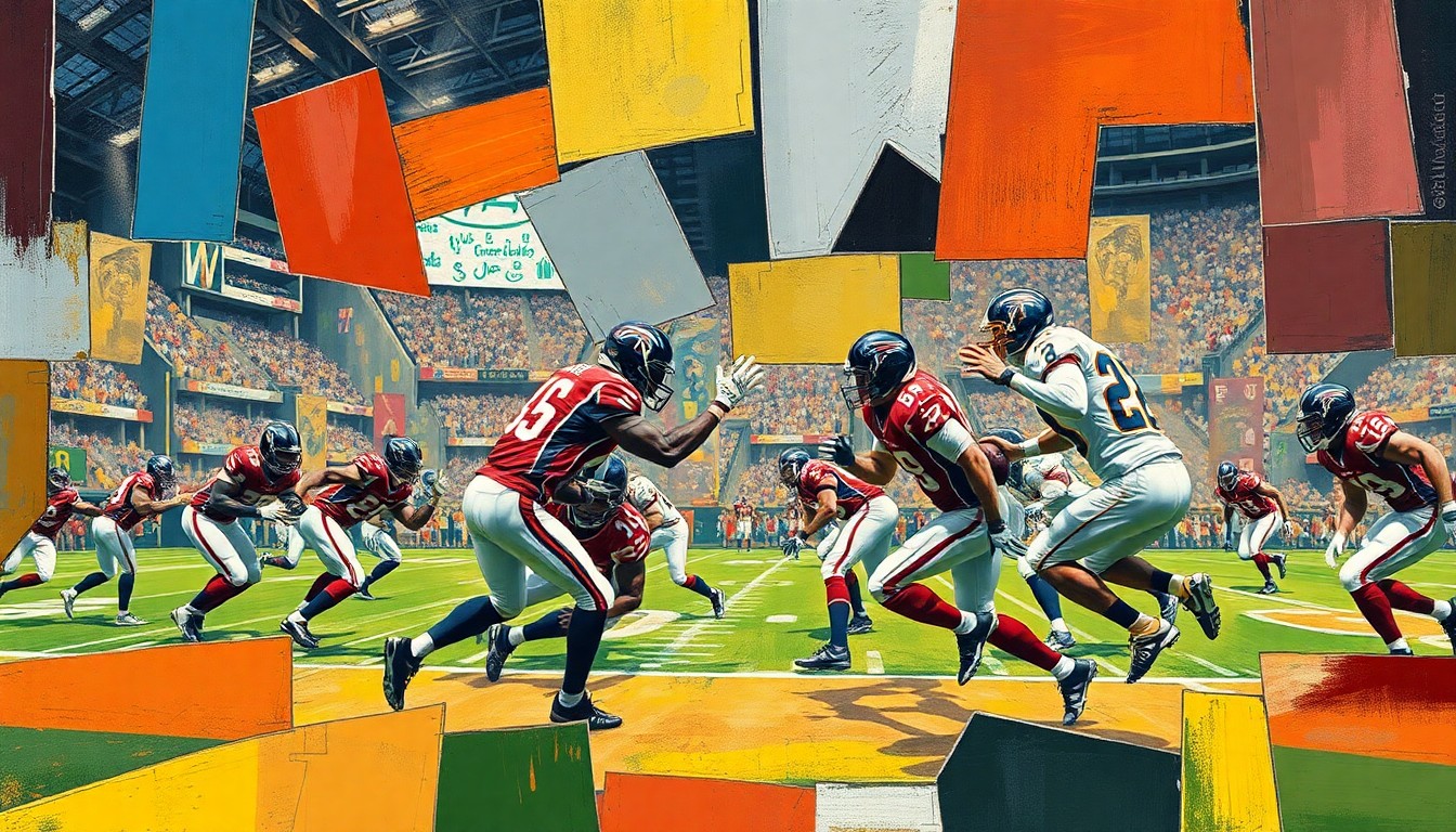 A cubist, geometric painting depicting fragmented football players in motion, representing the Falcons' strategic choices for the upcoming NFL Draft.