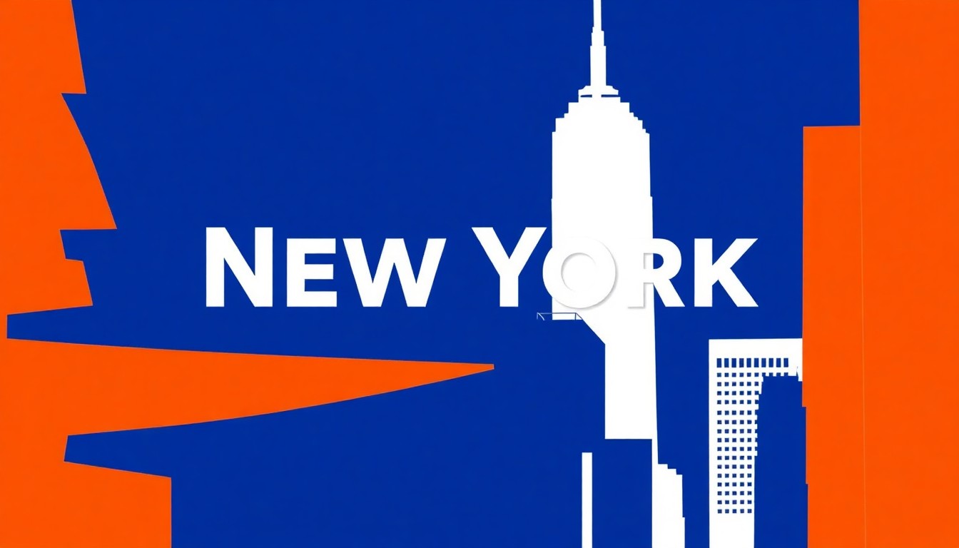 An abstract composition of bold, jagged geometric shapes in shades of deep blue, bright orange, and stark white, conceptually representing the evolution of design in New York City over time.