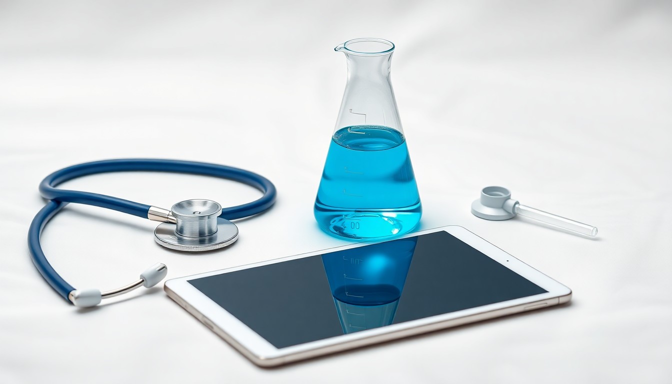 A minimalist, high-end studio photograph featuring a polished stethoscope, a modern medical tablet, and a glass beaker filled with a vibrant blue liquid, symbolizing the advanced medical technology and integrated healthcare services that the new Salina Family Healthcare Center will provide.