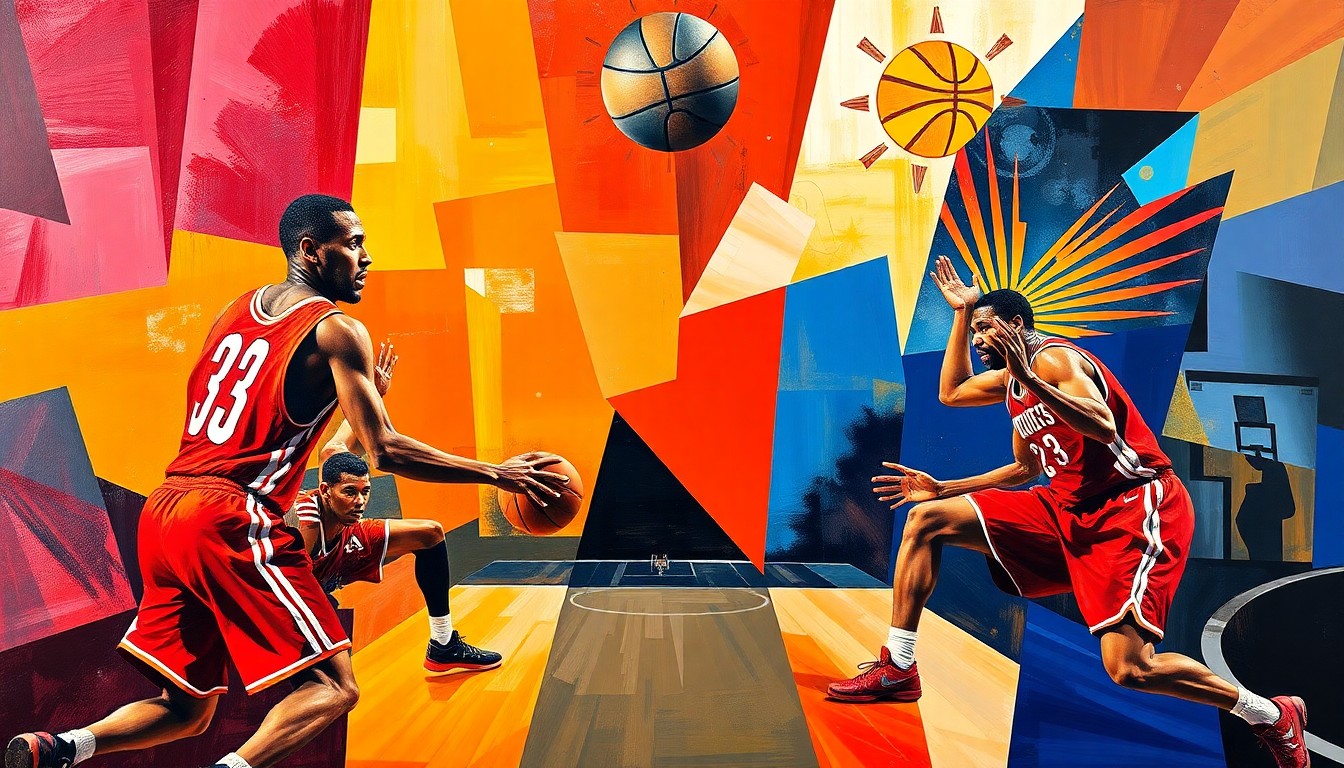 A cubist, geometric painting depicting a basketball game between the Houston Rockets and Phoenix Suns, with the players' forms broken down into sharp, overlapping planes of vibrant red, orange, and blue colors.