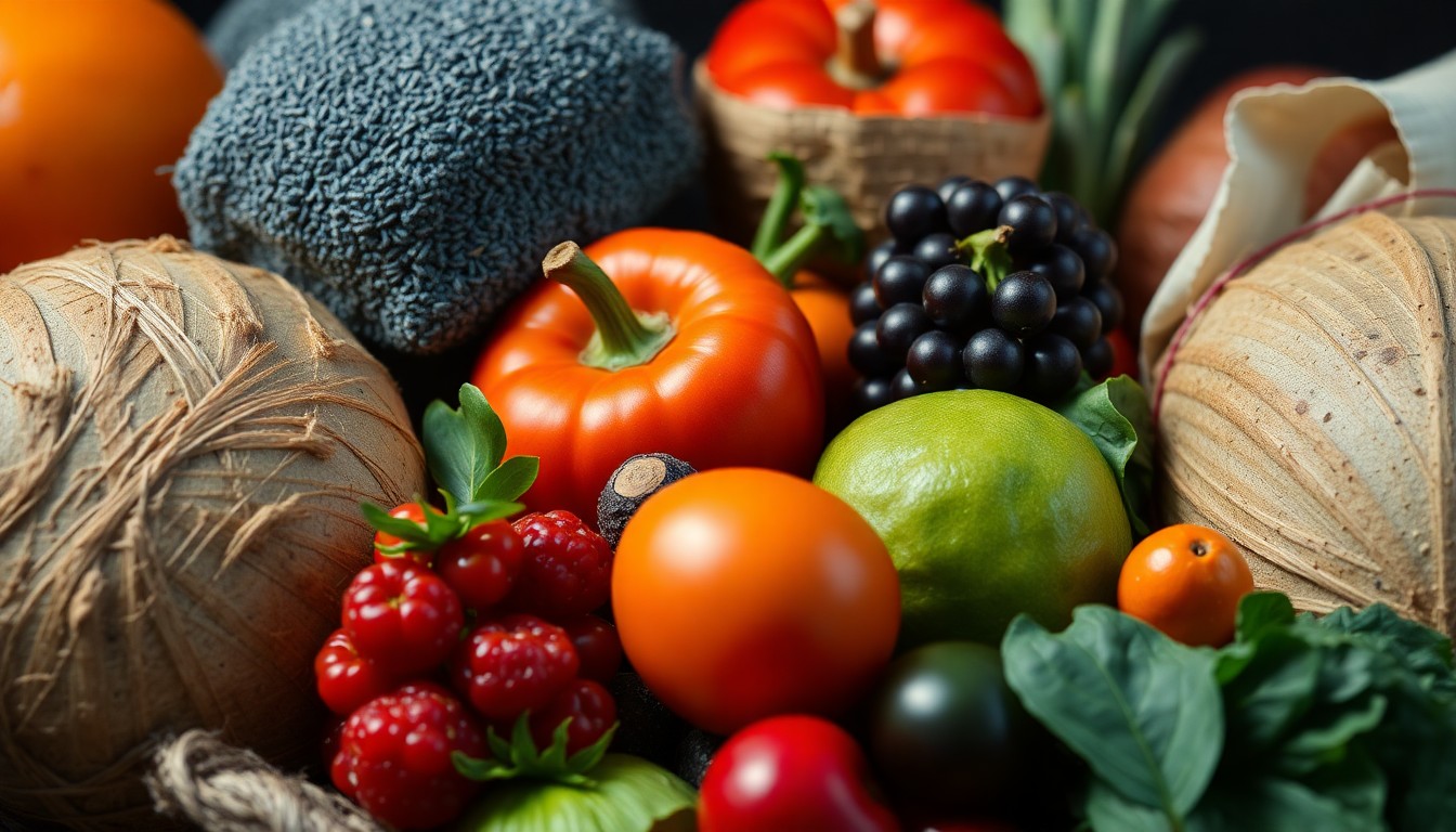 An extreme close-up of a variety of colorful, textured organic fruits, vegetables, and artisanal goods, captured in dramatic studio lighting to create a luxurious, high-fashion aesthetic.
