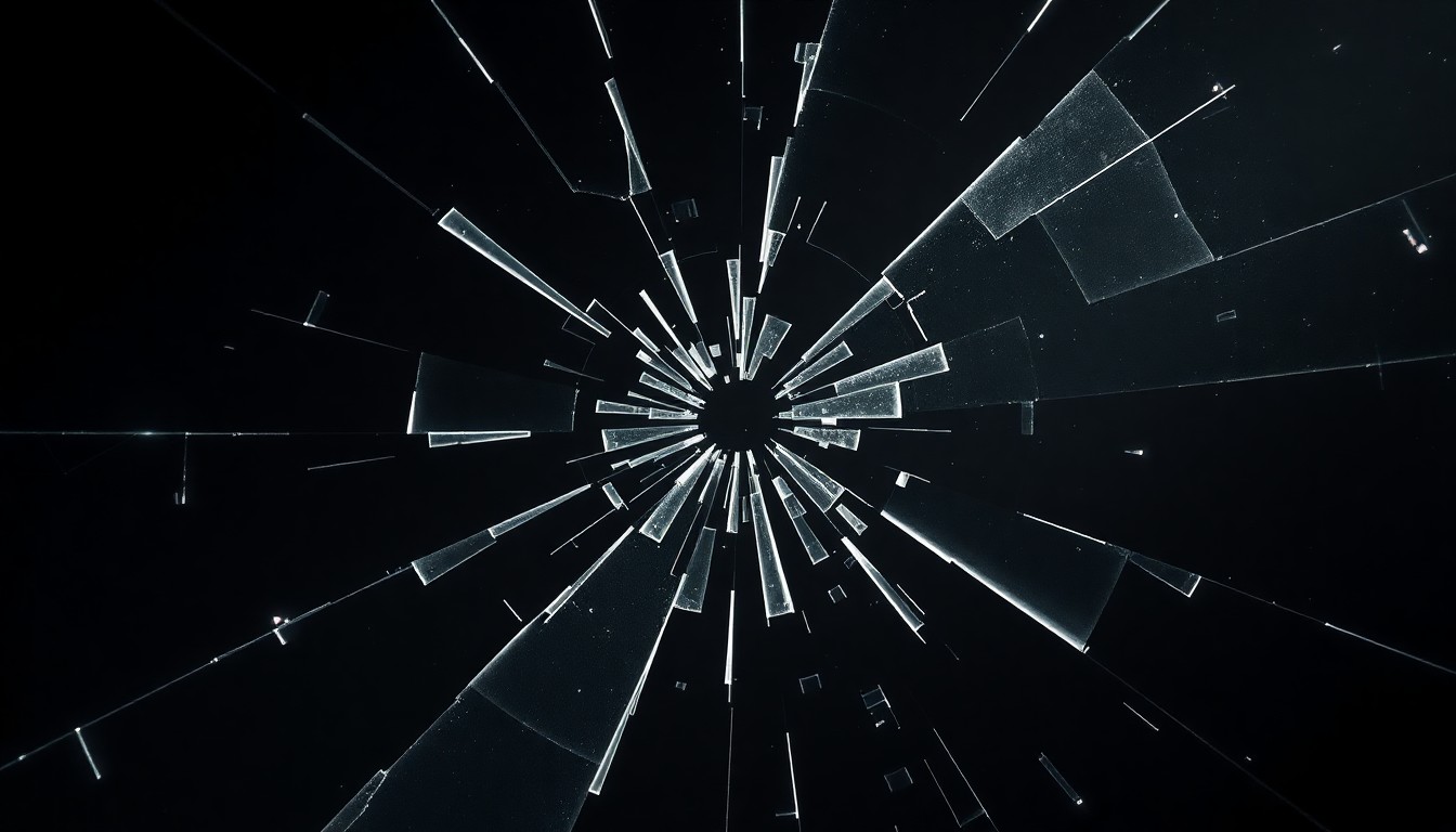 An extreme close-up of a shattered glass screen, reflecting dramatic studio lighting and capturing the high-stakes tension and technological disruption at the heart of the 'Cupertino' legal drama.