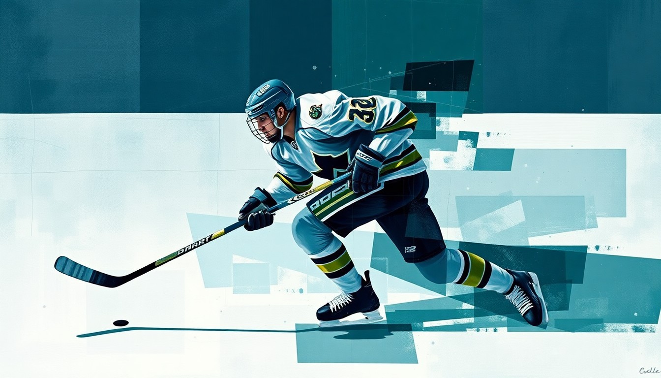A fragmented, geometric painting depicting a hockey defenseman in motion, with sharp, overlapping planes of muted blues, greens, and grays, conveying the conceptual impact of an injury on a team and individual accolades.