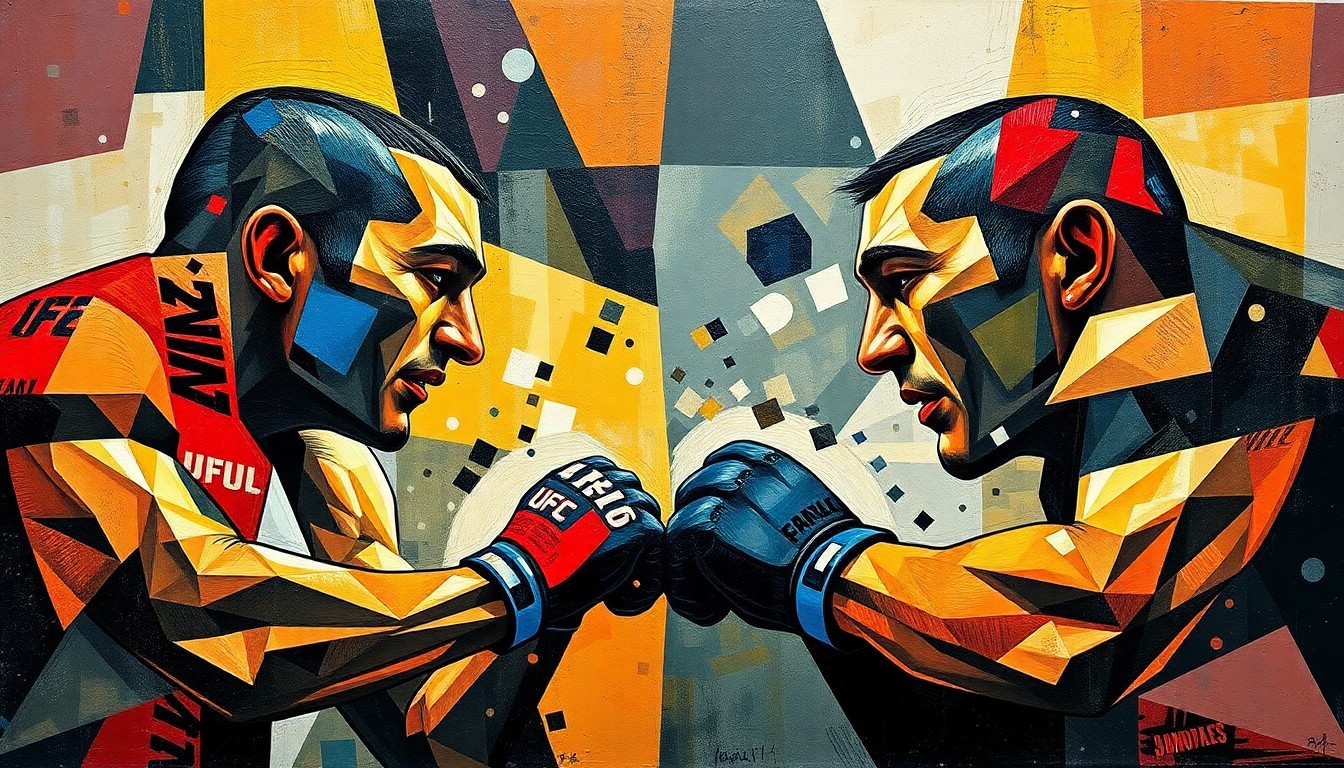 A cubist, geometric painting depicting a UFC title fight between two fighters, with their forms and movements broken down into sharp, overlapping planes of color and shape, creating a dynamic and abstract visual representation of the action.