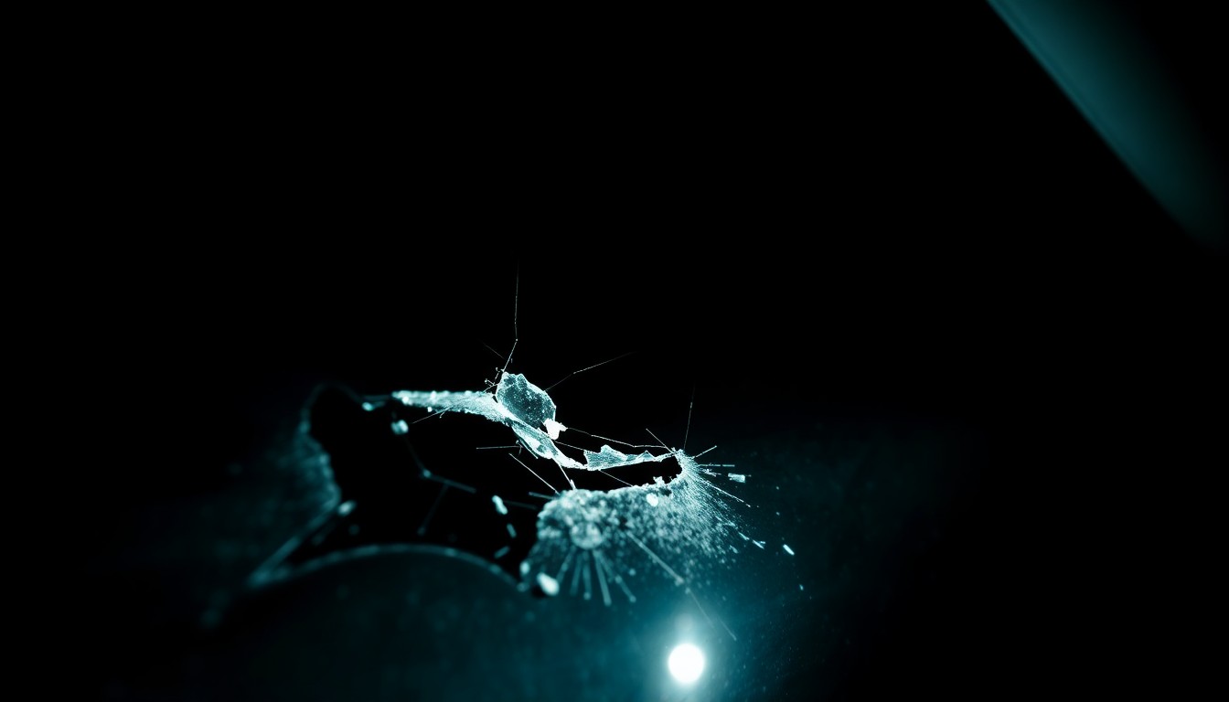 An extreme close-up photograph of a shattered car window or damaged vehicle sensor, lit by a harsh, direct camera flash against a pitch-black background, conceptually illustrating the aftermath of a high-speed crash during a police pursuit.