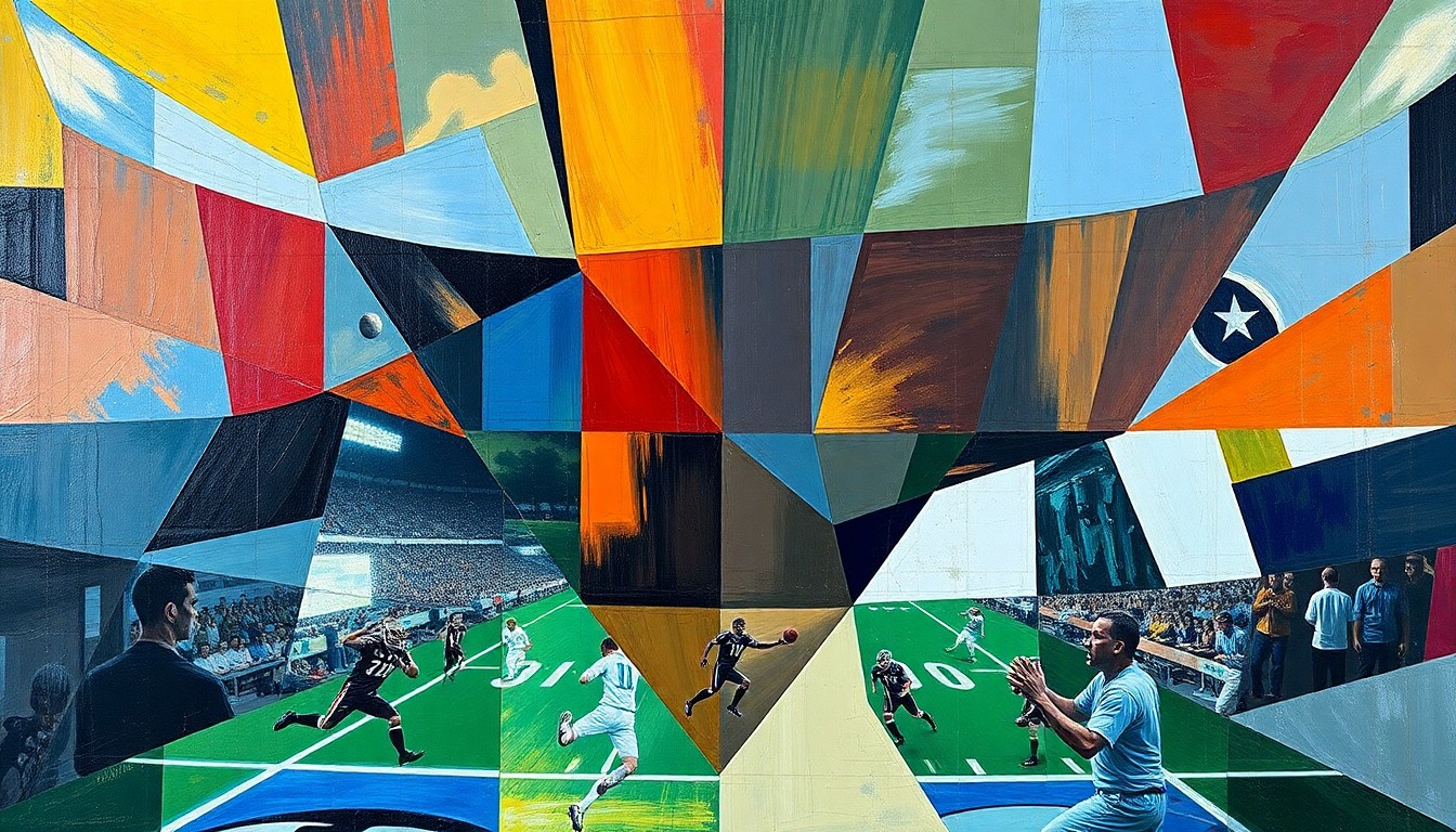 A cubist-style painting depicting a football game broken down into overlapping geometric shapes and planes, conveying the strategic complexity of roster management in the NFL.