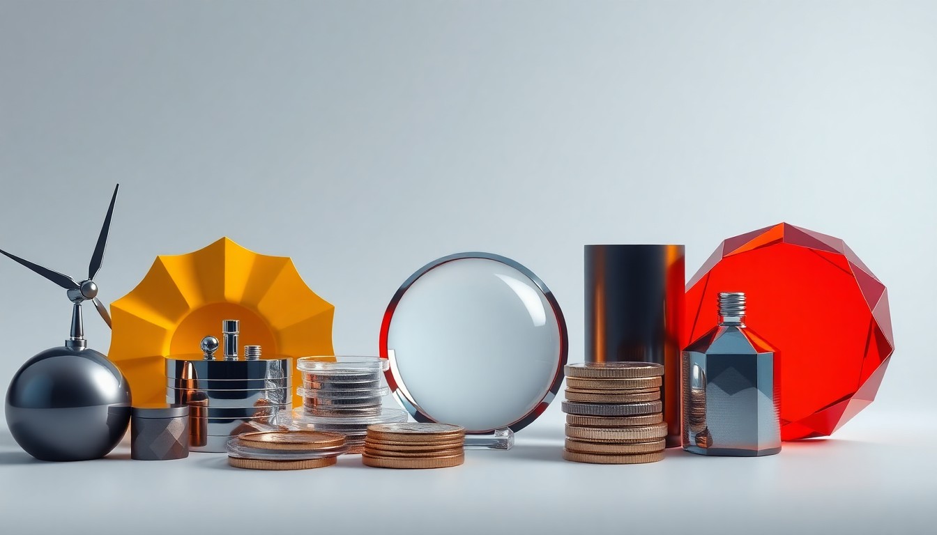 A photorealistic studio still life featuring a collection of polished, geometric objects in muted tones, conceptually representing the complex interplay of forces shaping the Australian market's performance.