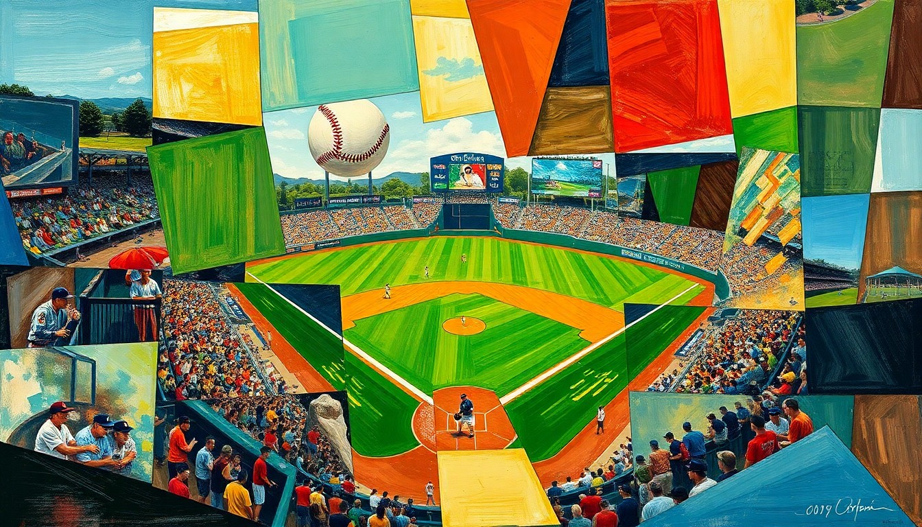 A cubist, geometric painting depicting a baseball game or match, with sharp, overlapping planes of color and shape representing the fragmented perspectives on the Reds' lineup.