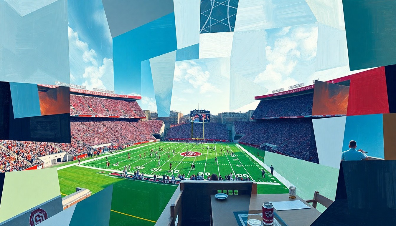 A cubist, geometric painting depicting an Ohio State Buckeyes football game, with players and field elements broken down into sharp, overlapping planes of color and shape, capturing the dynamic nature of the team's offensive line shake-up.