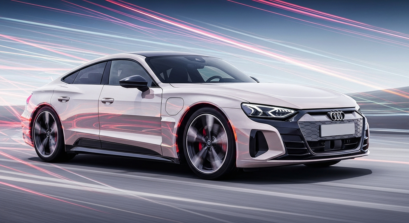 An abstract, motion-blurred image of an Audi RS e-tron GT electric sedan, its sleek form rendered as vibrant streaks of color, capturing the vehicle's raw speed and engineering prowess.