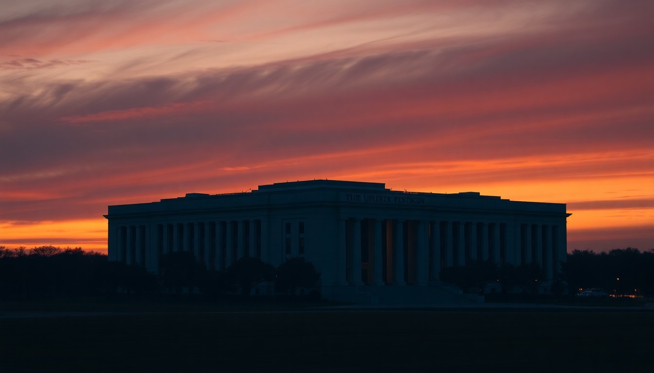 A photorealistic painting of the Pentagon building at dusk, with warm sunlight casting dramatic shadows across the facade, conveying a sense of governmental authority and the ongoing struggle for transparency.