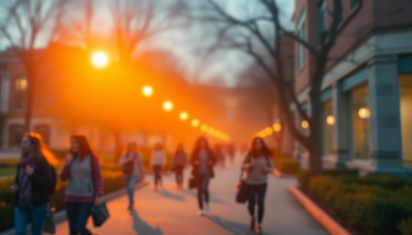An abstract, impressionistic scene of students walking on a university campus, with soft, blurred shapes and pools of warm, vibrant color creating a dreamlike, atmospheric quality that evokes the aspirational spirit of GW's mission.