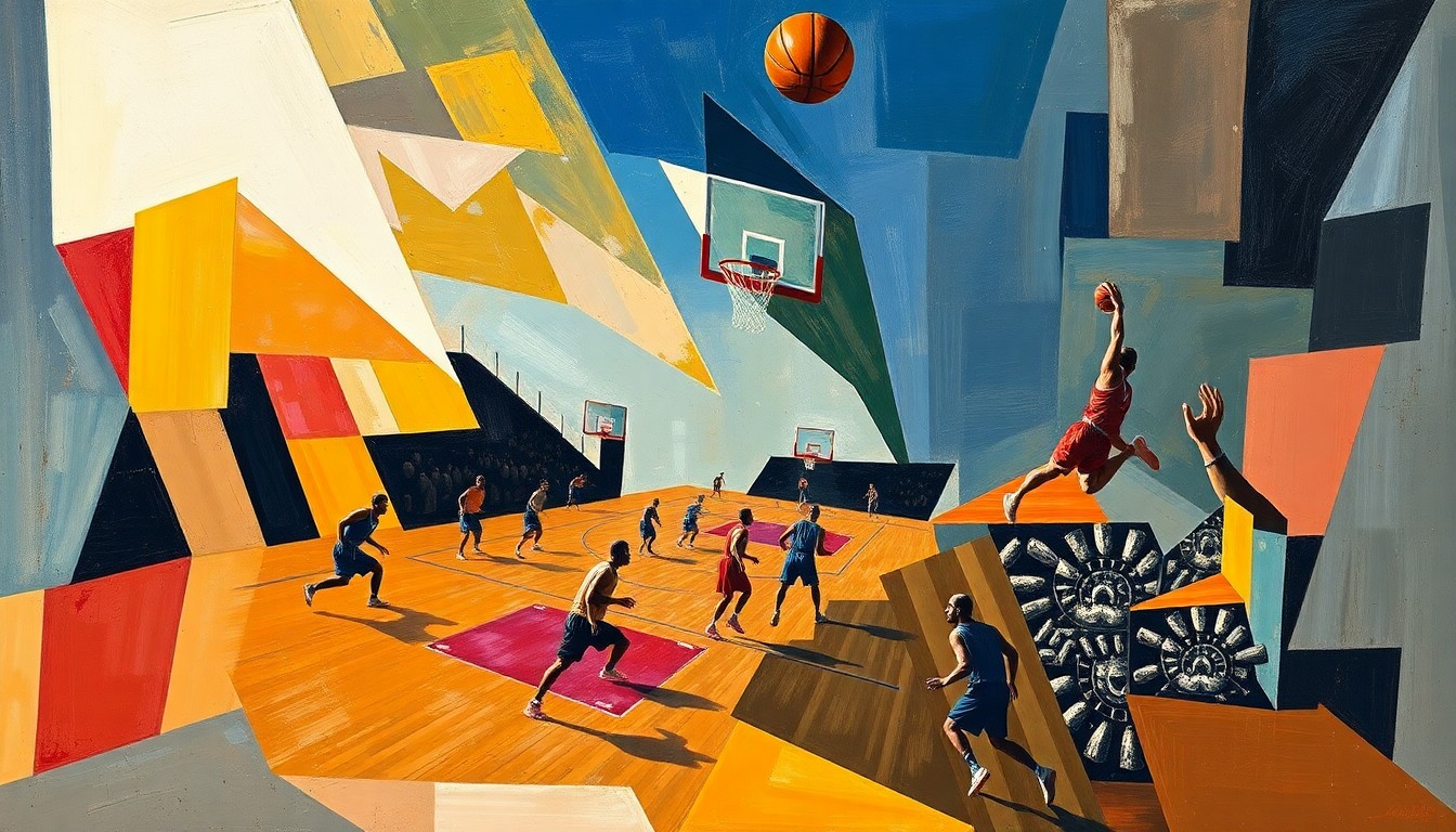 A cubist, geometric painting depicting a basketball game, with overlapping planes of color and form representing the action on the court.