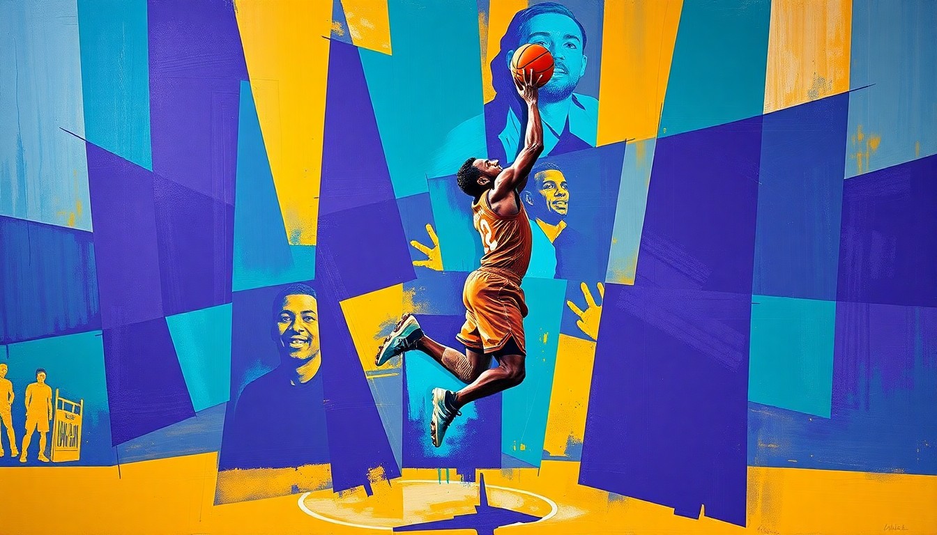 A fragmented, cubist-style painting depicting a basketball player's movement broken down into sharp, overlapping geometric shapes in shades of purple, teal, and gold, conceptually representing the Sacramento Kings' injury-riddled and turbulent season.