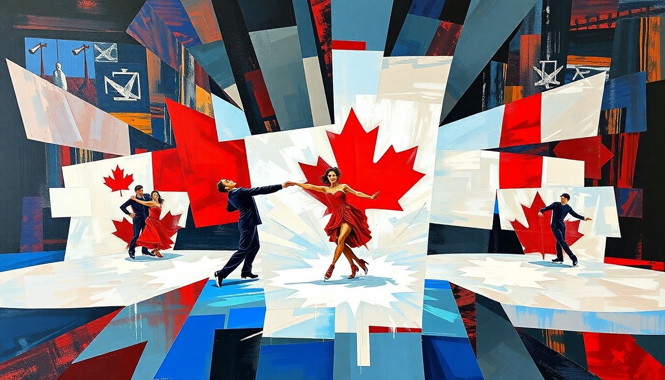 A cubist-style painting featuring fragmented, overlapping geometric shapes in vibrant red and white hues, representing the dynamic movements and energy of a Canadian ice dance performance.