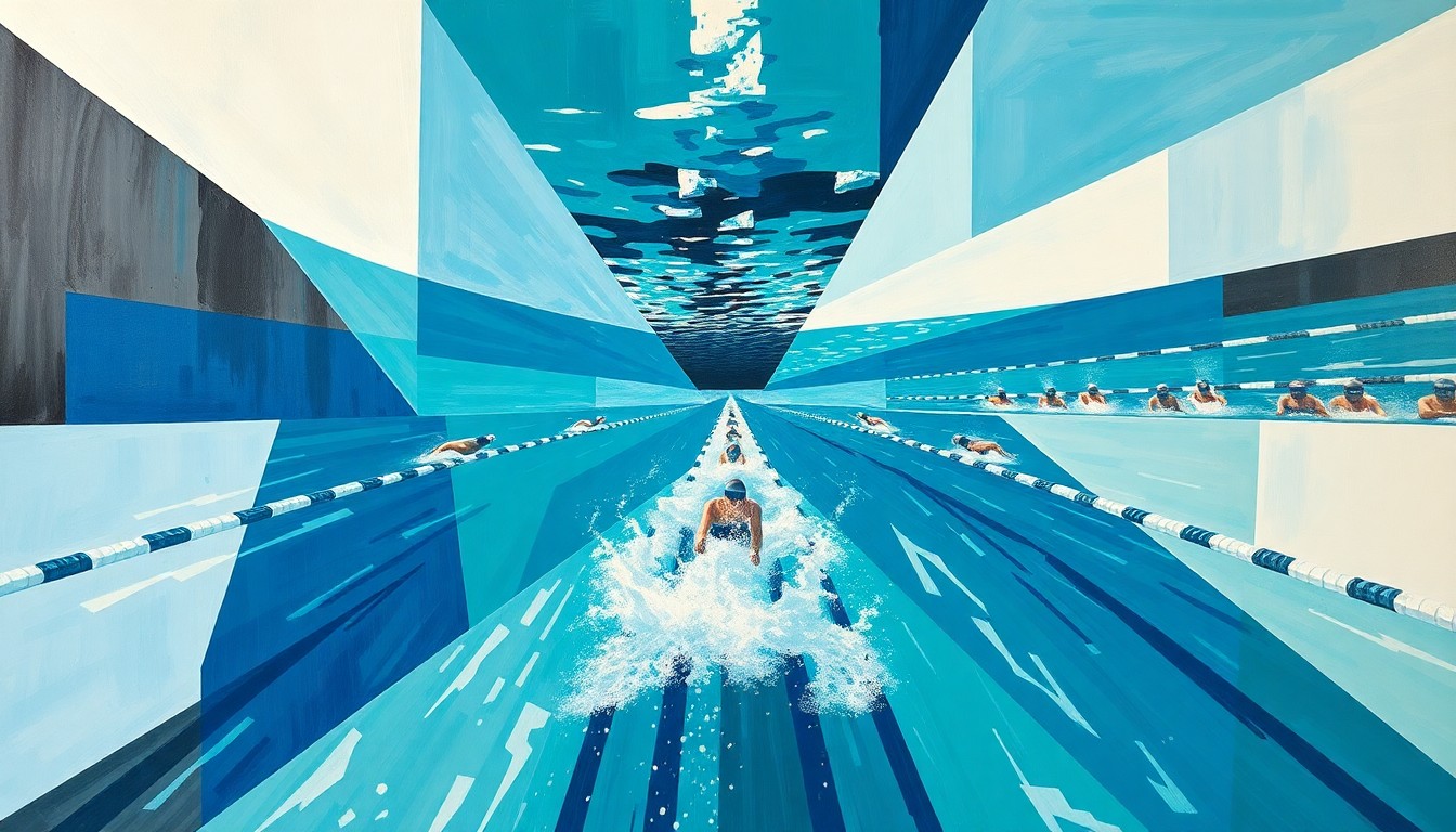 A cubist, geometric painting depicting an open-water swimming competition, with overlapping planes of blue, green, and white representing the fractured, multi-perspective nature of the sport.