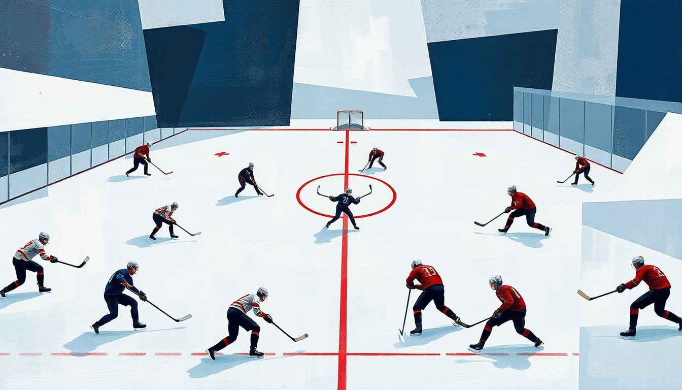 A cubist-style painting featuring overlapping geometric shapes and planes representing hockey players, sticks, and a puck, conveying the dynamic action and multiple viewpoints of a hockey game.