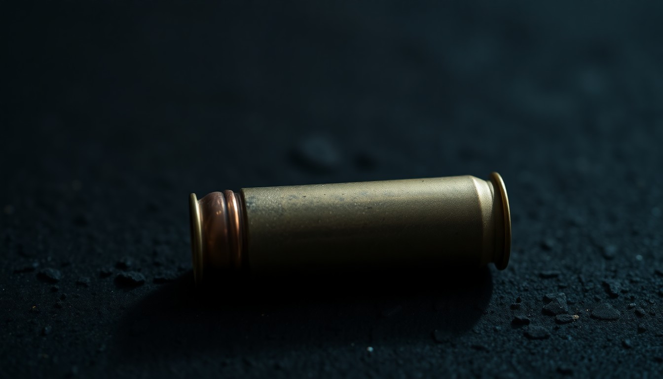 An extreme close-up of a single spent shell casing on a dark, textured surface, lit by a harsh, direct camera flash, conceptually representing the gritty details of a violent crime.