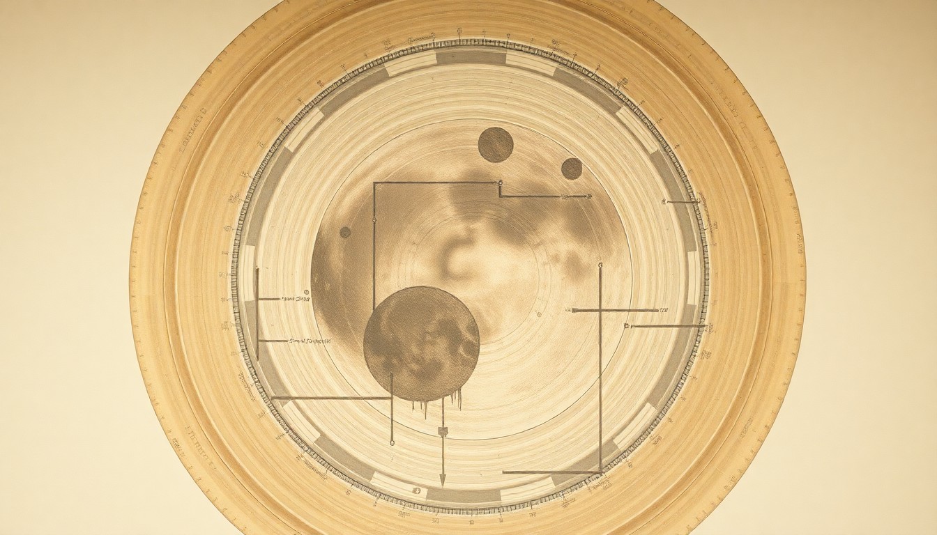 A highly textured, abstract painting in earthy tones depicting the geometric shapes and contours of a large lunar crater, conveying a sense of the moon's structural order and natural beauty.