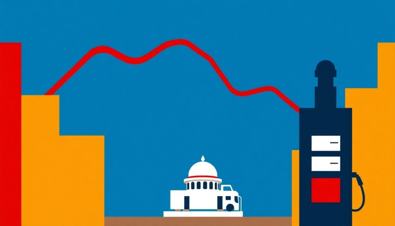 A vibrant, abstract illustration featuring overlapping triangles and circles in shades of blue, red, and yellow, conceptually representing the economic challenges and government responses to the fuel crisis in Australia.