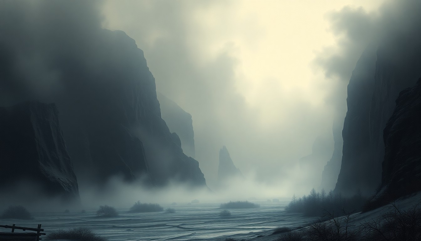 A vast, atmospheric landscape painting in muted tones of gray, blue, and white, depicting a frozen, misty expanse that dwarfs any physical structures or objects within the scene, conveying the overwhelming power and scale of the natural world.