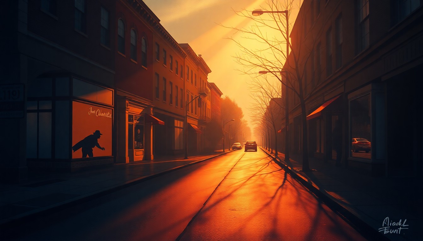 A serene, cinematic painting of an empty downtown Charlottesville street, with warm sunlight casting long shadows across the pavement, capturing the calm before a potential political storm.