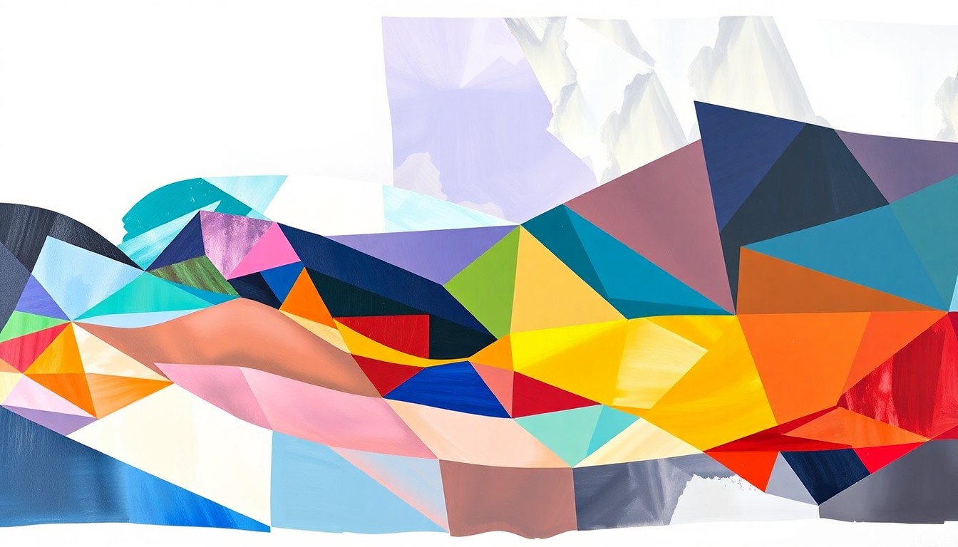 An abstract, fragmented painting with overlapping geometric shapes and waves of vibrant colors, conceptually representing the complex and fast-paced nature of international trade negotiations.