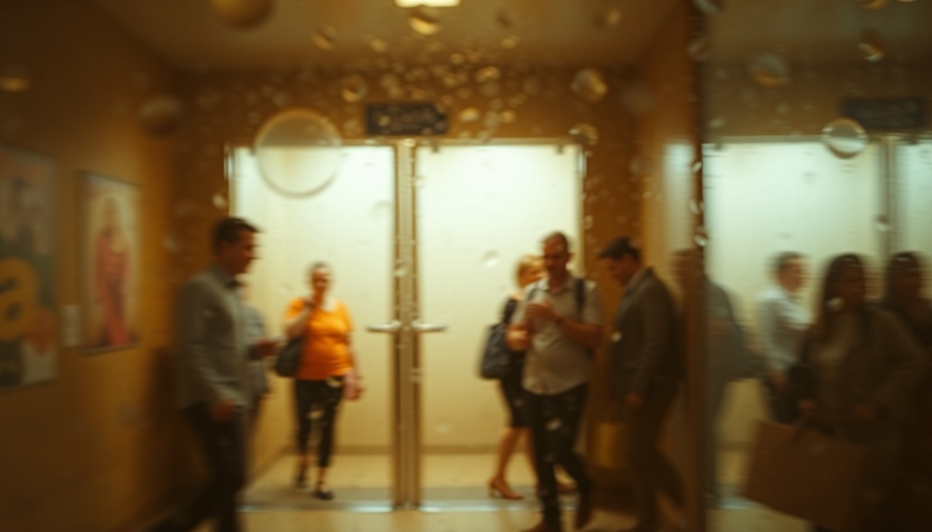 An abstract, softly focused image of people entering and exiting a public restroom facility, with the scene blurred and obscured by condensation or rain-streaked glass, conveying a sense of the human need for dignity and access to basic services in the city.