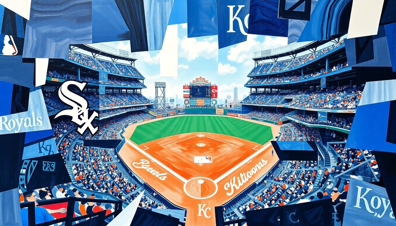 A cubist-style painting featuring overlapping geometric shapes and planes in shades of blue, representing the action and intensity of a baseball game between the Chicago White Sox and Kansas City Royals.