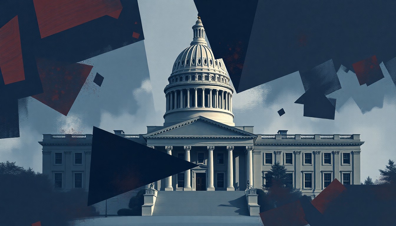 A dynamic, fragmented painting featuring overlapping geometric shapes and lines in shades of navy, grey, and red, conceptually representing the political tensions and uncertainty surrounding allegations of foreign interference.