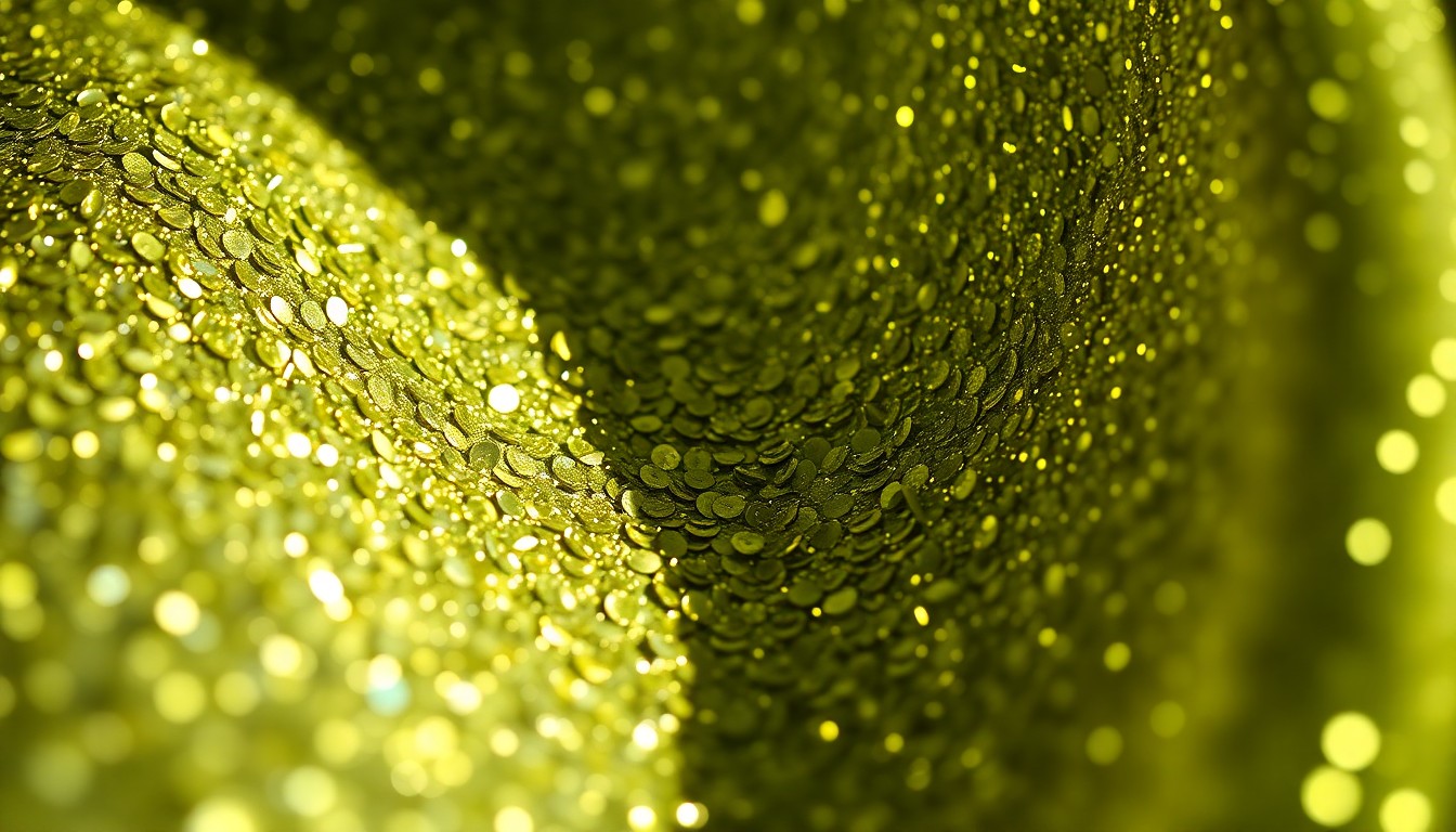 An abstract close-up photograph featuring a dramatic, high-contrast composition of shimmering, glittering textures in rich, saturated colors, conceptually representing the glamour and high-stakes nature of the Broadway industry.