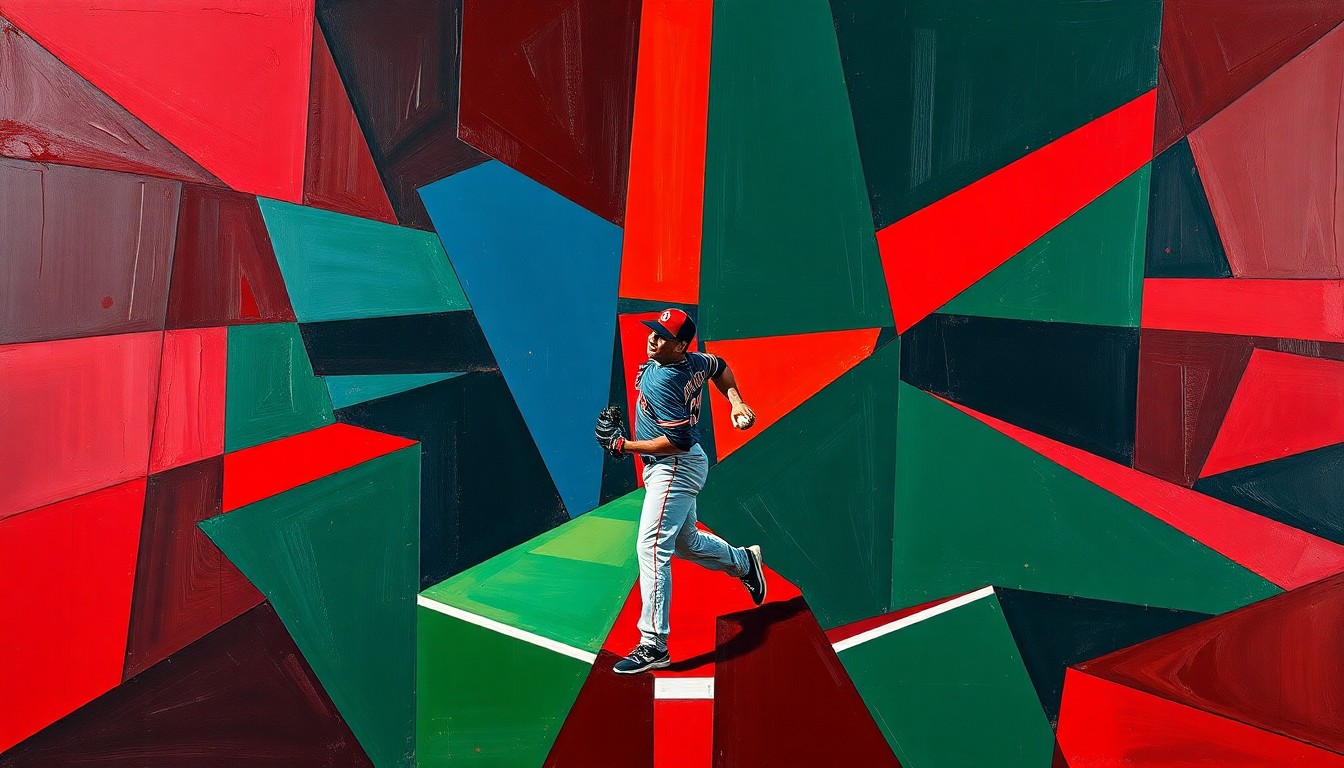 A cubist, geometric painting depicting a fractured, multi-perspective view of a baseball pitcher in motion, with sharp, overlapping planes of deep red, navy blue, and forest green colors.