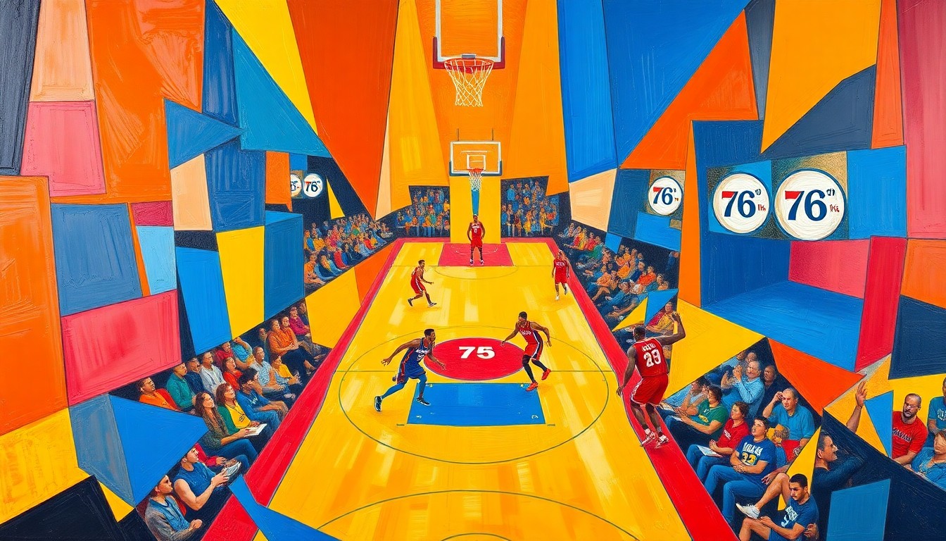 A fractured, cubist-style painting depicting a basketball game, with the players and court broken down into sharp, overlapping geometric shapes in the Knicks' and 76ers' team colors.