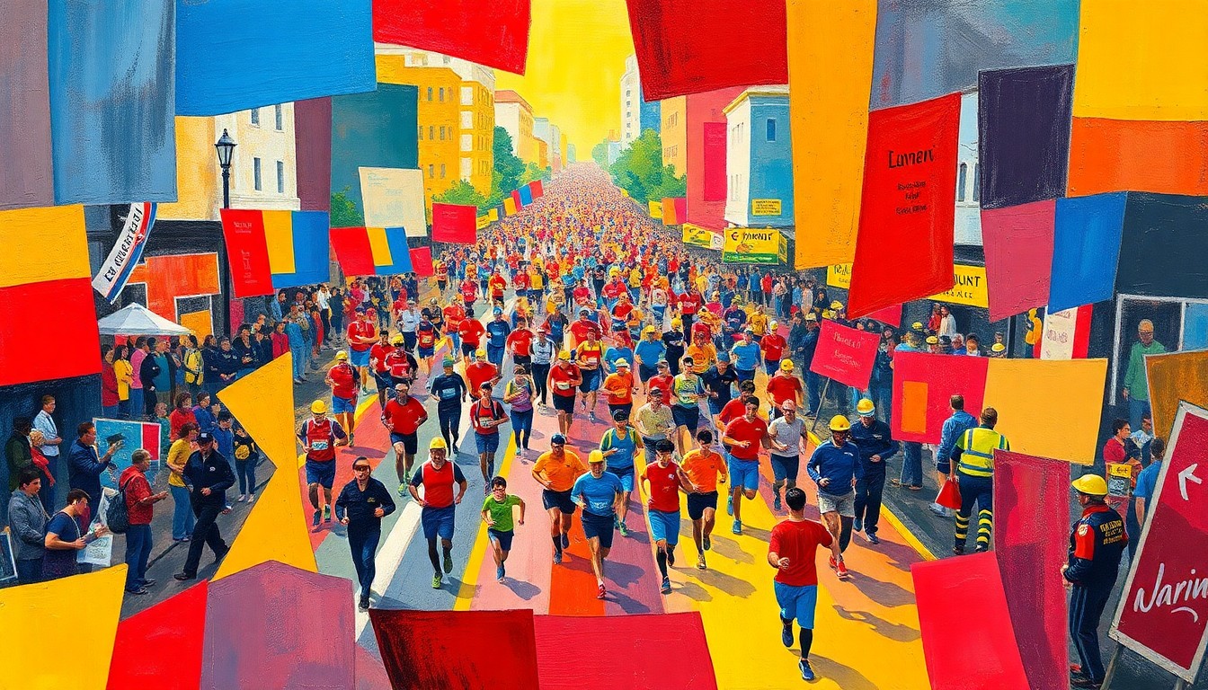 A cubist-style painting depicting a fragmented, multi-angled view of a marathon race, with runners, spectators, and emergency personnel represented through sharp, overlapping geometric shapes in vibrant colors.