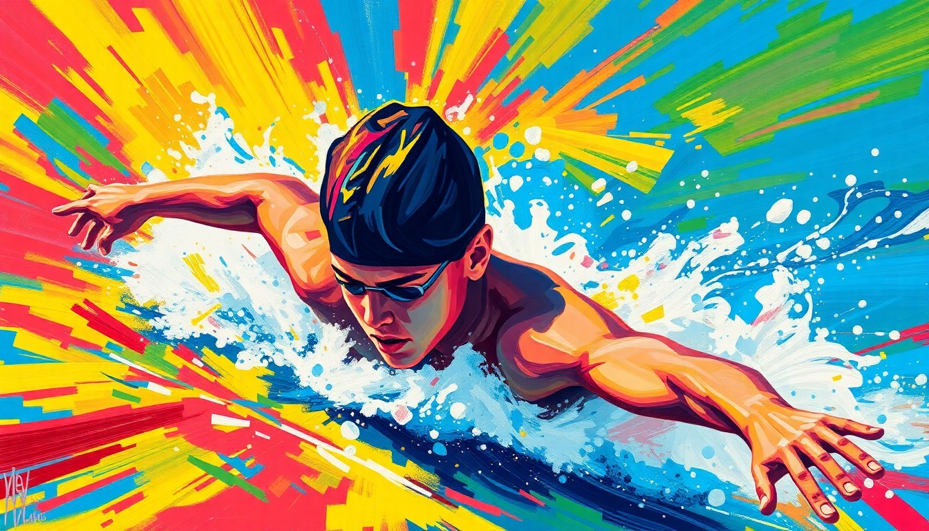 An abstract, expressionist painting in vibrant neon colors depicting the fluid, dynamic movements of a young swimmer cutting through the water, conveying the raw energy and athleticism of the sport.