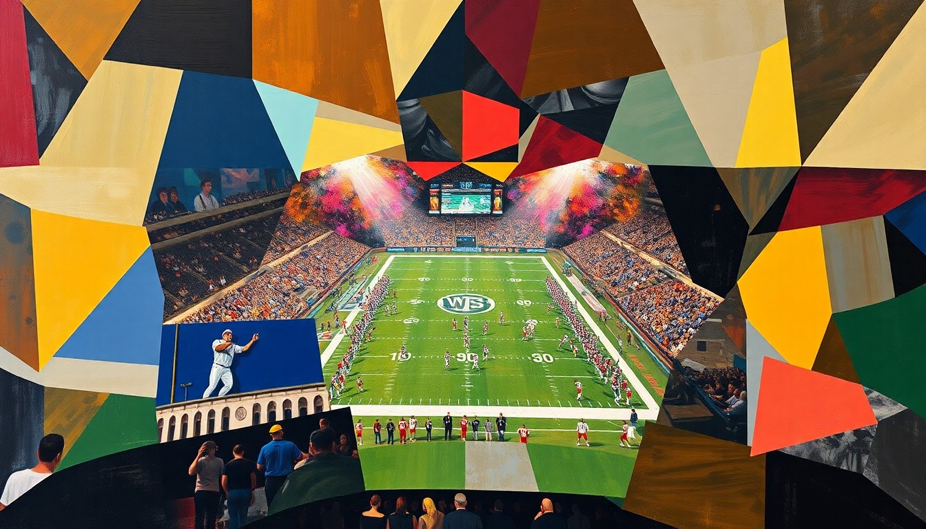 A cubist, geometric painting depicting a fragmented, multi-angled view of a Washington Commanders football game, with players and the field broken down into sharp, overlapping planes of color and shape.