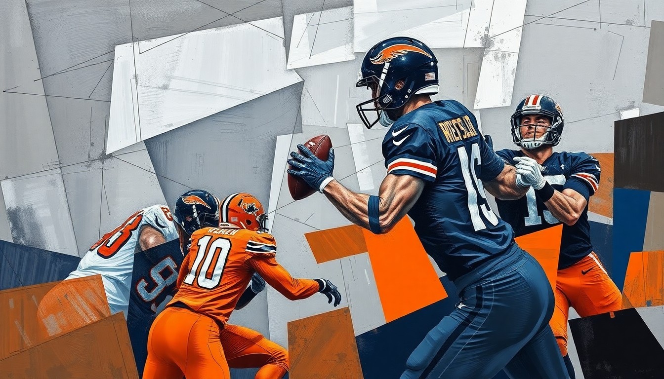 A fractured, cubist-style painting depicting a football game or quarterback action, with sharp, overlapping geometric shapes in muted colors, conveying the sense of uncertainty and lack of a clear direction in the Steelers' quarterback situation.