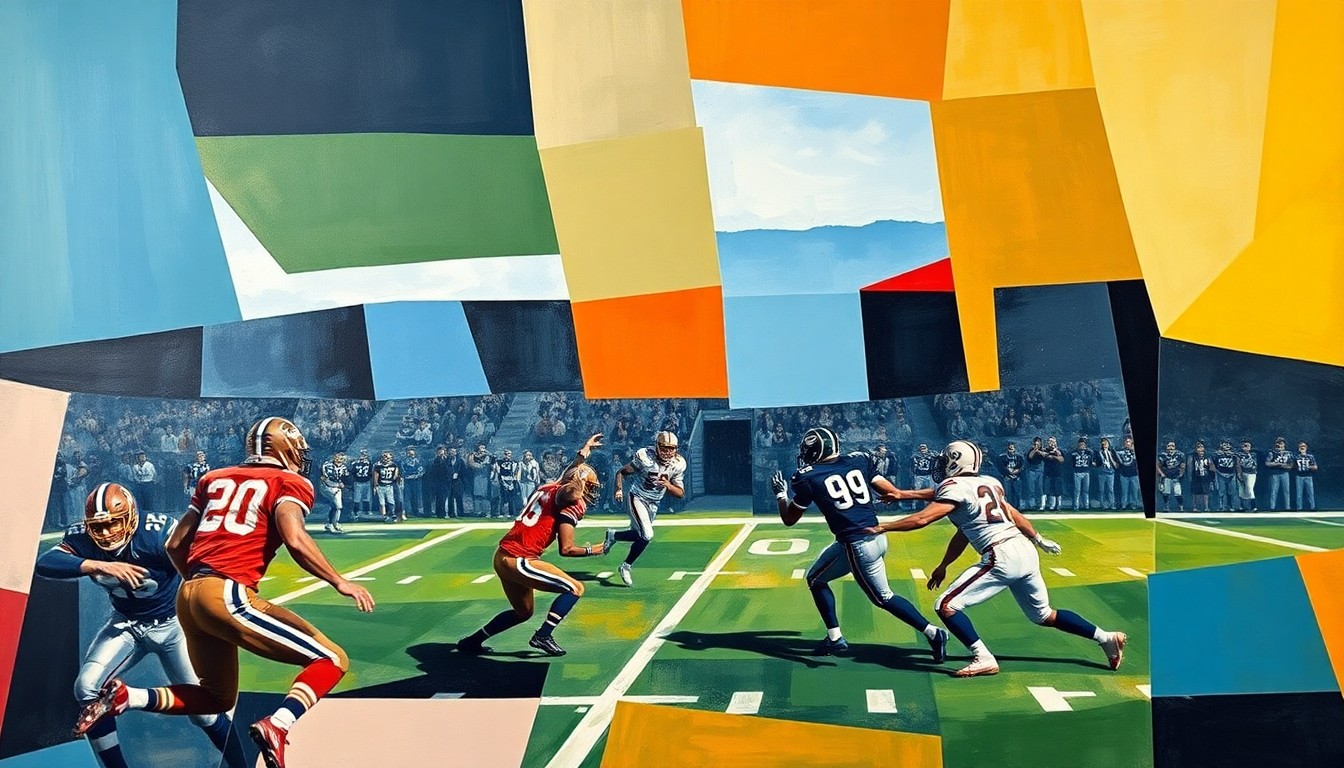 A fragmented, geometric painting depicting a football game, with players and the field reduced to abstract shapes and planes of color in shades of blue, green, and red, conveying the intensity and physicality of the matchup.