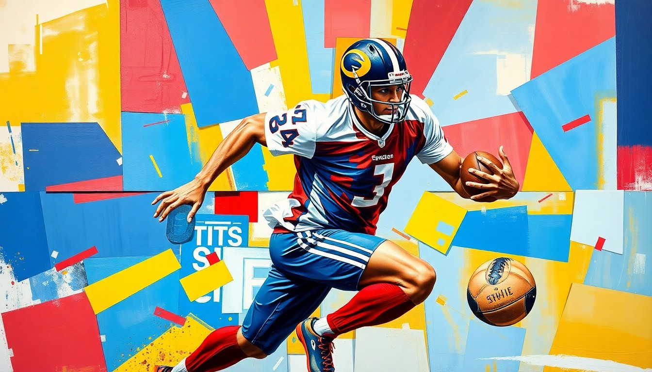 A fractured, cubist-style painting depicting a football player in motion, with their body broken down into sharp, overlapping geometric shapes in vibrant colors like blue, red, and yellow.