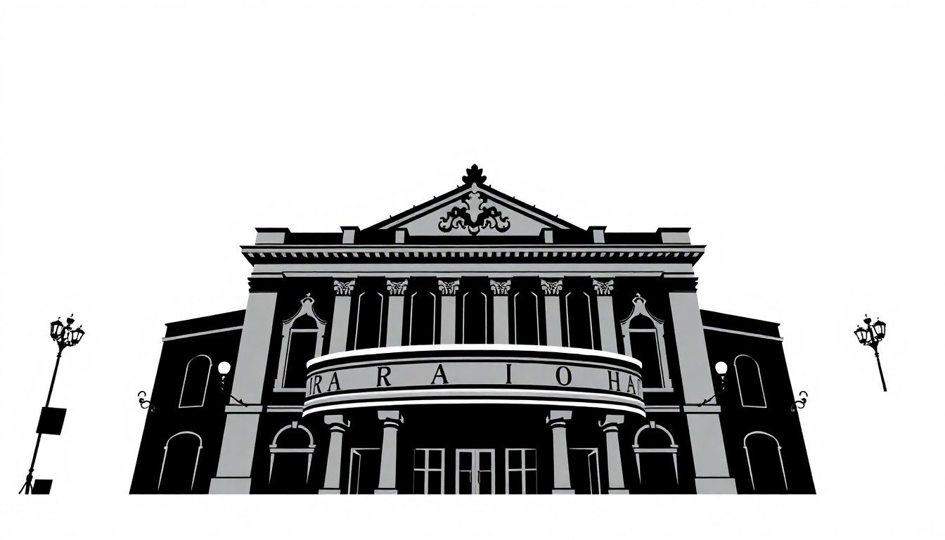 A striking black and white illustration featuring abstract, angular shapes and forms, conceptually representing the energy and excitement of a historic theatre's grand reopening.