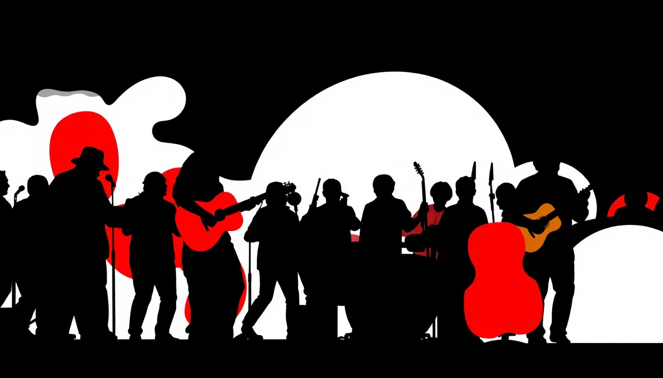 A dynamic abstract illustration featuring bold black shapes and bright red and white geometric forms, conveying the festive atmosphere of a Cajun cultural celebration.