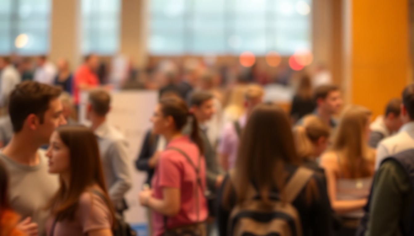 A softly blurred, impressionistic scene of a college career fair, with warm pools of light and color creating an atmospheric, dreamlike quality that captures the energy and potential of the event.