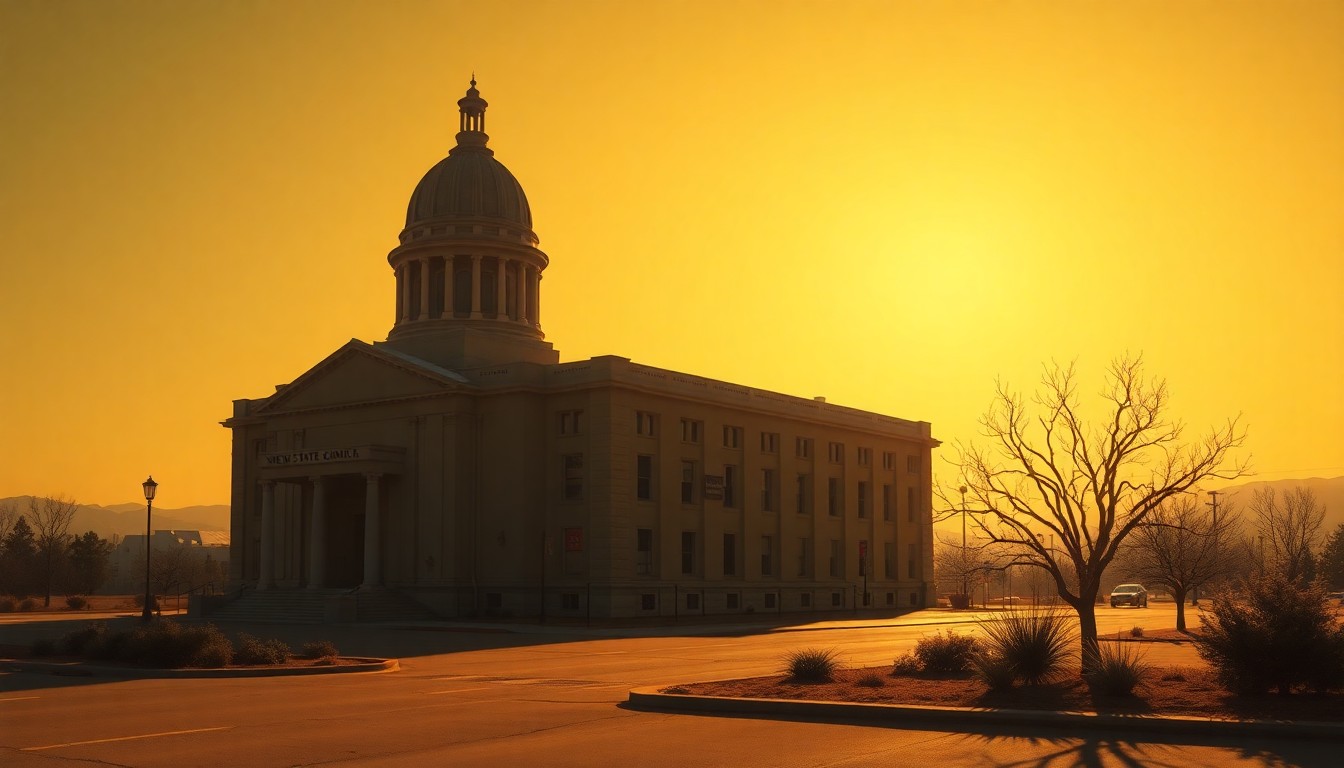 A serene, photorealistic painting of a state capitol building in New Mexico, with warm sunlight casting long shadows across the structure, conveying a sense of quiet contemplation about the political process.